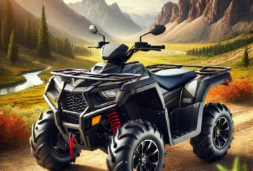 DALL·E 2024-07-11 23.42.50 - A brand new 125cc Coolster ATV-3125XR8-U-S. This mid-size, semi-automatic utility ATV is shown in a vibrant outdoor setting, perfect for adventure. Th